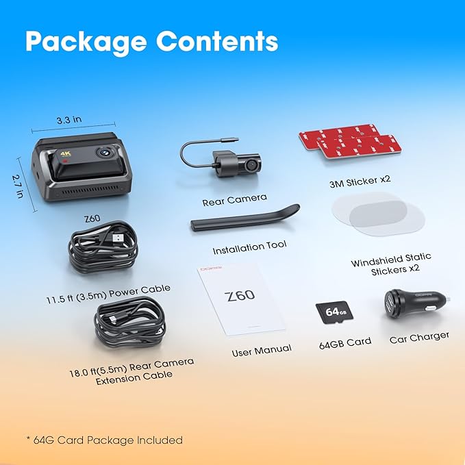 DDPAI 4K Dash Cam Front and Rear, Built-in 32G eMMC Dual Dash Car Camera,64GB Card Included Dashcam,Night Vision Dash Camera,5GHz WiFi, 7 Days Parking Mode,GPS,3" IPS, ADAS, WDR, Support 512GB,Z60