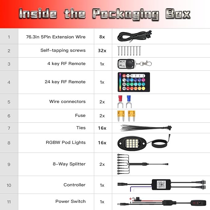 16 Pods RGBW LED Rock Lights for Trucks Offroad Pickup Trailer Sedan SUV Cars, Waterproof Multicolor Neon Underglow Kit with Bluetooth APP/RF Remote, Vehicle Accent Underbody Light Underneath 12V