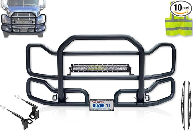 Compatible With Cascadia 2008-2017 Black Front Grille Deer Moose Brush Bumper Guard Large PLUS 22" LED Light Bar, Bracket, Logo, Wipers, License Plate Holder & Frame, Reflective Vest