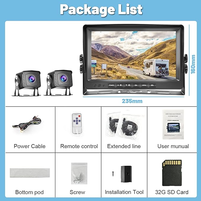9 Inch DVR Car Monitor Dual Backup Camera Kit HD 1080P Night Vision IP69 Waterproof Rear View Cam 2 Split Screen Back Up Camera Kit for Car/Truck/Trailer/RV/Pickup 12-35V with 32G SD Card