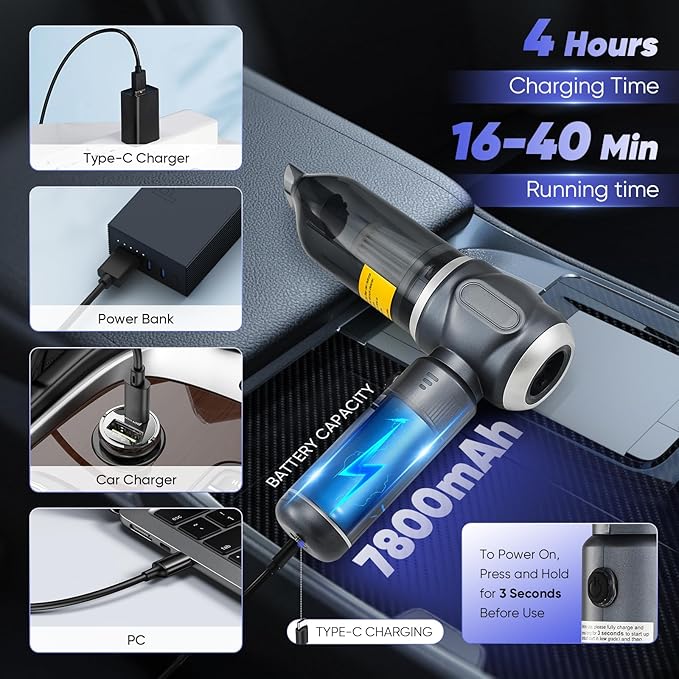 SakerPlus Car Vacuum Portable Cordless, 3-in-1 Hand Held Mini Vacuum Cleaner 17500PA High Power, Handheld Vacuum & Air Duster for Suction, Blowing, Inflating & Deflating, Ideal for Car Home Office