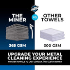 The Rag Company - The Miner - Professional Metal Polishing Microfiber Towels for Cars; Safe on High-End Wheels and Soft Metals, 70/30 Blend, Dual-Pile, 365GSM, 16in x 16in, Grey (10-Pack)