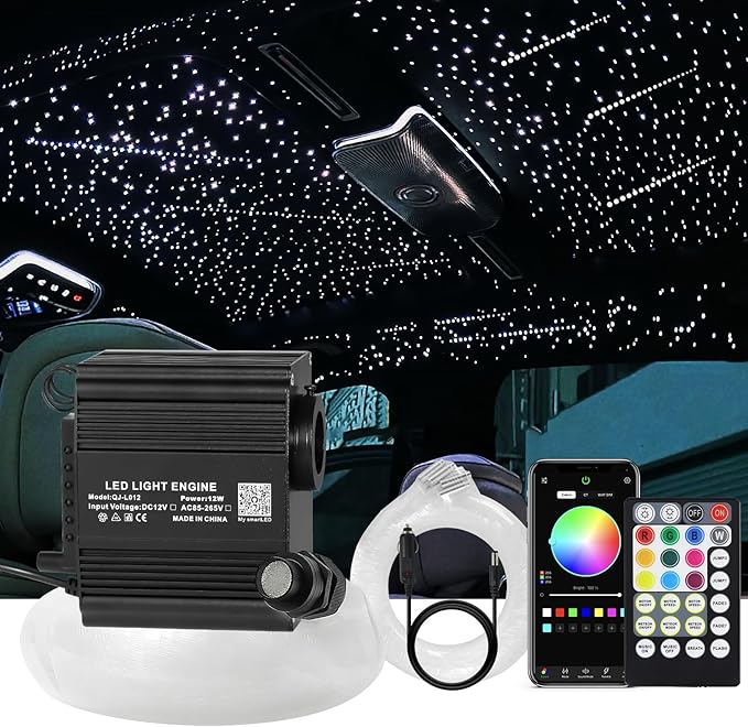 Starlight Headliner Kits for Car, Twinkle & Meteor 2-in-1 Light Engine, 500pcs 0.03in 9.8ft RGBW Fiber Optic Lights Star Ceiling Sky Decoration for Car/Home, White Shooting Stars 12W Starlight kit