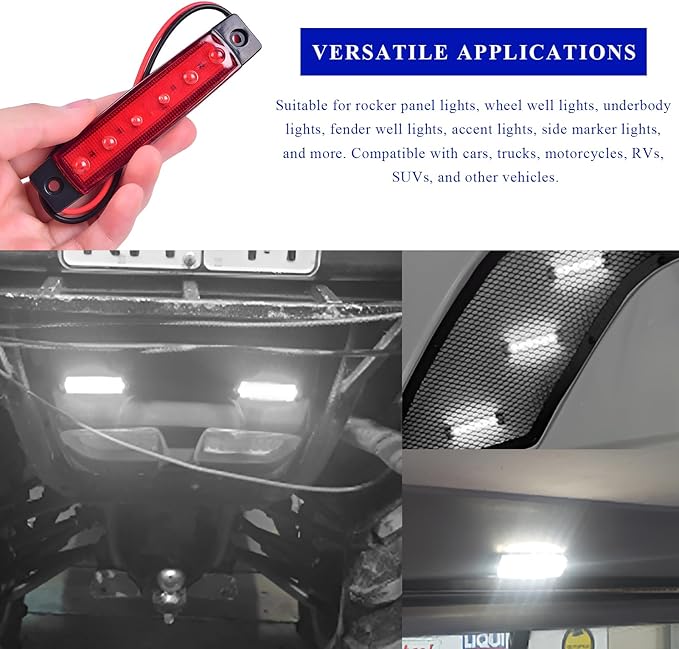 Sun Walker 8 PCS LED Rock Strip Lights, 3.77 Inch Waterproof 6 LED Car Side Marker Clearance Lamps, Wheel Fender Well Lighting Kits Exterior Underglows for Car Truck Trailer (White)
