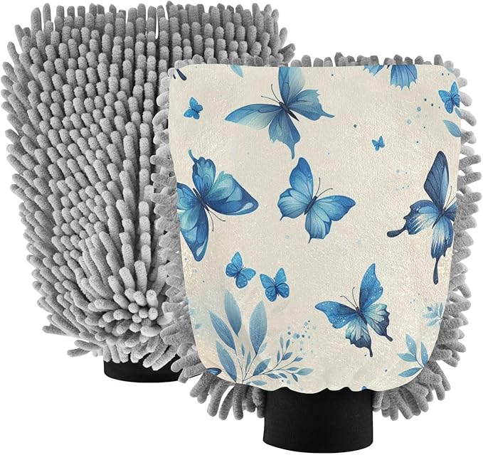 Qilmy Blue Butterfly Microfiber Chenille Car Wash Sponge Scratch Free Car Wash Mitt Absorbent Mitt Sponge for Trucks SUVs Car Washing Home Cleaning, Large