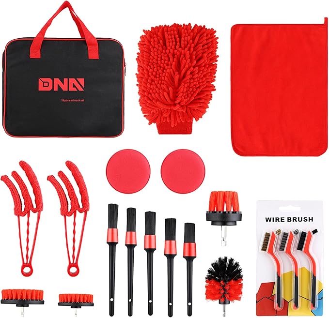 DNA Motoring Car Detailing Brush Cleaning Tools Set with Carry Bag for Auto Interior & Exterior Wheel Dashboard Vent, Red,TOOLS-00278