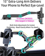 Wireless Car Charger Phone Holder Mount for Truck, 15W Fast Charging 【15 inch Long Arm】 Heavy Duty Phone Holders for Your Car Windshield Dashboard Accessories, for iPhone 17 16 15 14 13 12