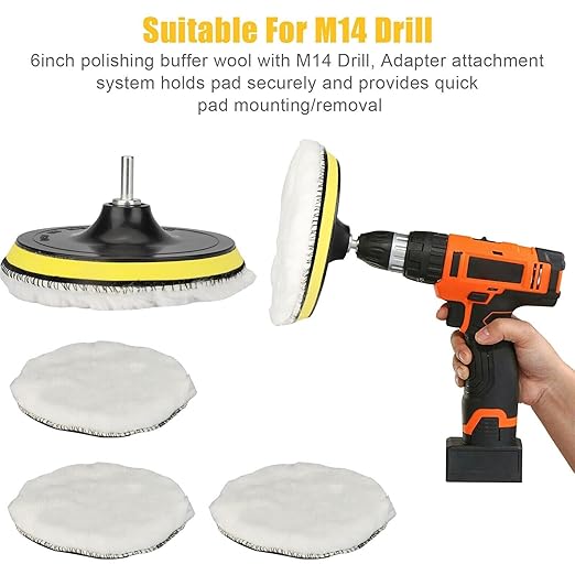 Buffer Polisher Pad Made of Wool - Wheel Mop Kit for car Detailing Drill Adaptor | Pack of 5 pcs - car buffers and Polishers kit is Practically Durable & Reusable - Drill Adapter.