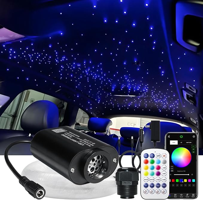 AZIMOM Mini 6W 300pcs Twinkle Fiber Optic Starlight Headliner Kit for Car Home 0.03in 9.8ft End Glow Fiber Strands Sound-Activated APP& Remote Control Starlight Engine