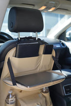 Luxury PU Leather Car Backseat Organizer with Foldable Table – Multi-Functional Car Seat Storage. Waterproof Travel Back Seat Organizer with Cup Holders, Tissue Box & Tablet Pocket (Coffee)
