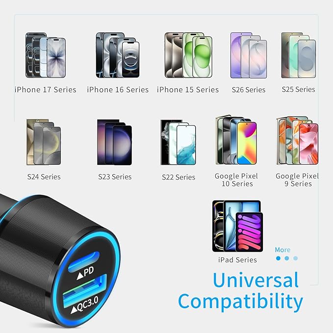 67.5W Car Charger USB C Super Fast Charging, 45W USBC & QC3.0 Port Plug for iPhone 17 Pro Max/Air/16/15/iPad, Samsung S26/S25 Android Cell Phone, Dual 12V Cigarette Lighter Adapter+ 10 ft Type C Cable