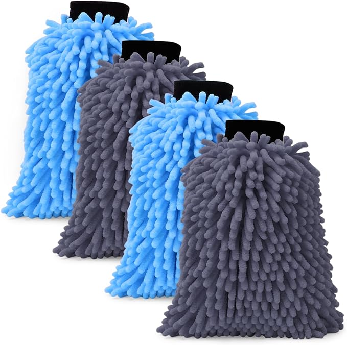 4Pcs Car Wash Mitt Microfiber Gloves Chenille Material Microfiber Towels for Car Washing Supplies Kit Scratch Free Cleaning Gray + Sky Blue