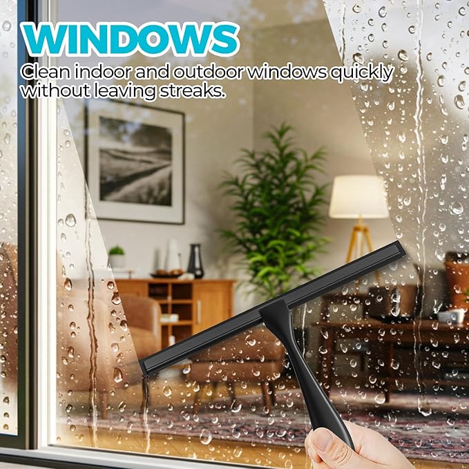 ALFLOD 2PACK All-Purpose Shower Squeegee for Shower Doors, Tile Shower Walls, Bathroom, Window, Glass and Car Windshield, Mirrors and Kitchen-Stainless Steel, 9.8 Inches, Black