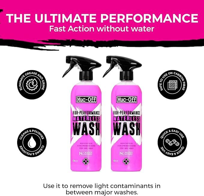 Muc-Off High Performance Waterless Bike Wash 750ml (Pack of 2) | Spray & Wipe Bike Cleaner | No Water Needed | Safe on Carbon Fibre | Cleans & Polishes with a Streak-Free Finish