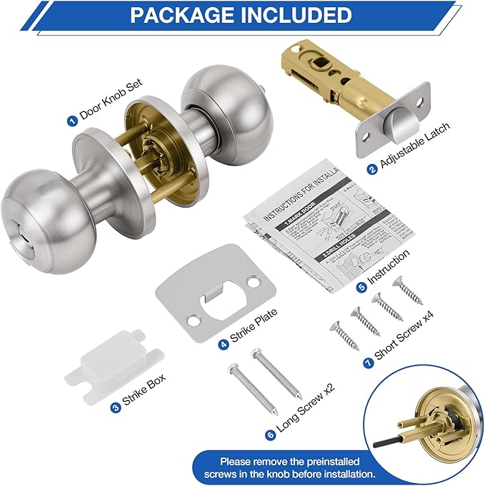 Plustool 6 Pack Brushed Nickel Door Knobs,Privacy Door Knob with Lock, Interior Doorknobs Silver, Keyless Door Locks Set for Bedrooms Bathrooms, Reversible for Left/Right Door Handle