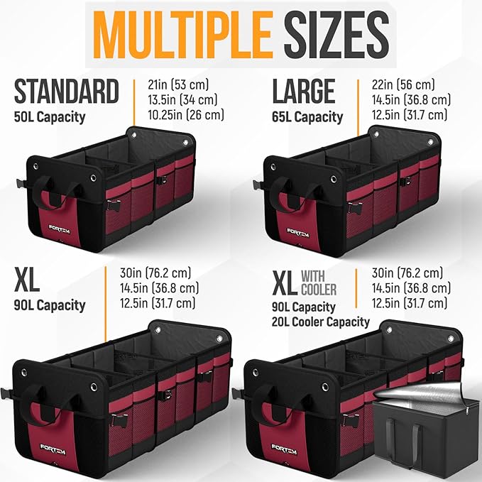 FORTEM Trunk Organizer with Cooler For SUV Car Organizer and Storage, Collapsible Multi-Compartment, Perfect Christmas Gifts For Men, Women, 1680D Oxford, Non Slip Bottom, Straps, Soft Cover 110L