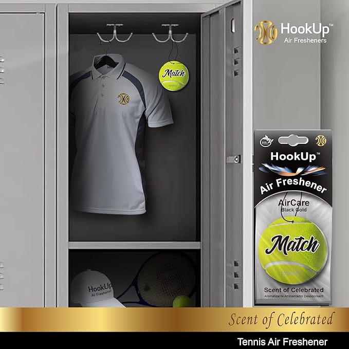 Tennis Car Air Freshener by HookUp - 10 Pack - Black Gold Scent (Extra Strong) | Unique Tennis Gift for Players, Coach, Fans | Hanging Car Accessory with Long Lasting Fresheners Smell