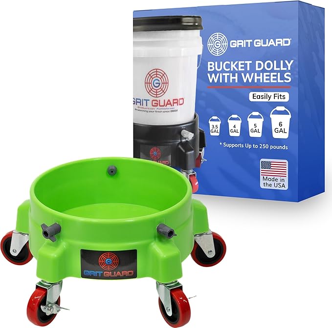 Grit Guard Bucket Dolly with Wheels - Rolling Detailing Wash Bucket with 5 Wheels and 2 Locking Casters Compatible with 2.5, 4, 5 and 6 Gallon Buckets (Green, 3" Red Casters)