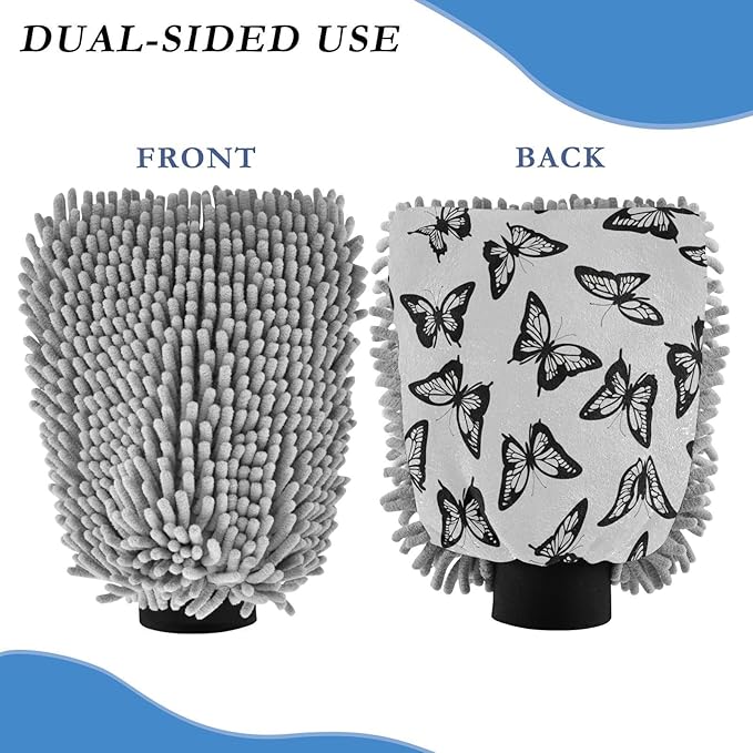 Qilmy Black Butterfly Pattern Microfiber Chenille Car Wash Sponge Scratch Free Car Wash Mitt Absorbent Mitt Sponge for Trucks SUVs Car Washing Home Cleaning, Large