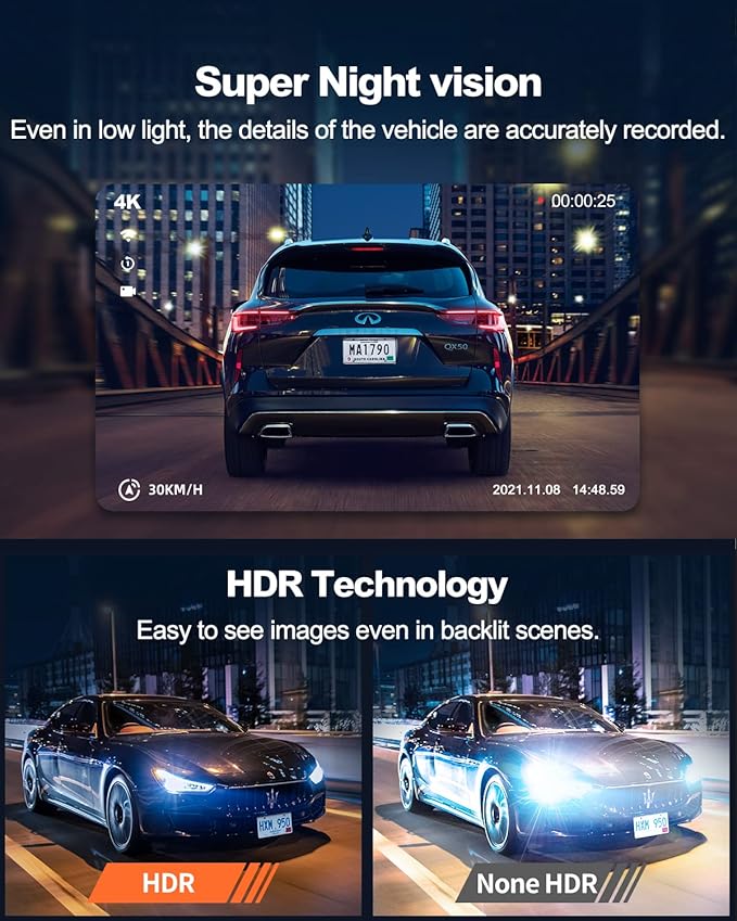 Real 4K Dash Cam Front and Rear, 5.8GHz Wi-Fi GPS, Dual Camera HDR with Top-Level Sensor, 3.3'' IPS Screen, Super Night Vision, G-Sensor, Parking Mode, Dash Camera for Cars with App, Support 512GB Max