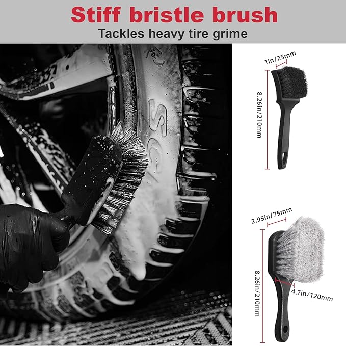 9PCS Professional Wheel Detailing Kit - Microfiber Flat Rim Brush w/Removable Cover, Boar Hair Detail Brush, Cleaning Pads, Towel & Storage Bag | Scratch-Free for All Vehicles
