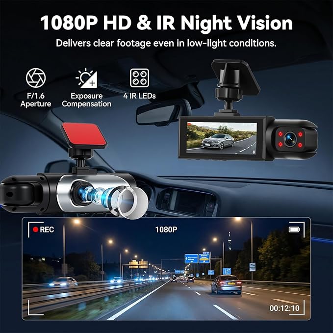 Dual Dash Cam for Cars Front and Inside 3.16 inch IPS Screen 1080P HD Camera for Cars Infrared Night Vision Loop Recording Wide Angle Inside Car Cameras 24H Parking Mode