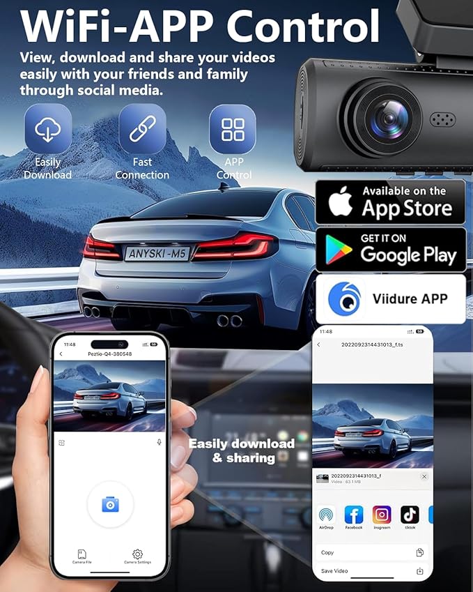 3 Channel 4K Dash Cam Front and Rear Inside, Built-in 5G WiFi,4K+1080P+1080P Dash Camera with 64GB Card,3.16” IPS Screen,Loop Recording, G-Sensor, 24H Parking Monitor, Night Vision(Rose Gold)