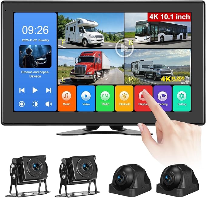 RV Backup Camera System - 10.1 Inch 4K Touchable 4 CH Monitor, 1080P IP69 Waterproof Wired Camera, DVR Loop Recording Bluetooth for Semi Truck Trailer Camper Pickup Bus