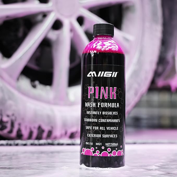 MIIGII Pre-Wash Solution Car Wash Soap - Pink Foam Car Shampoo - Powerful Formula Penetrates and Breaks Down Tree Sap, Bird Droppings & Tough Stains - Works on RVs, Trucks, Cars & More - 500ml (17oz)
