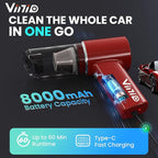 Vinid 8000mAh Cordless Car Vacuum Cleaner, 80W High Power Handheld Vacuum with Strong Suction, Portable Air Duster/Blower, Type-C Fast Charging for Car, Home, Office Desk, Pet Hair, Red