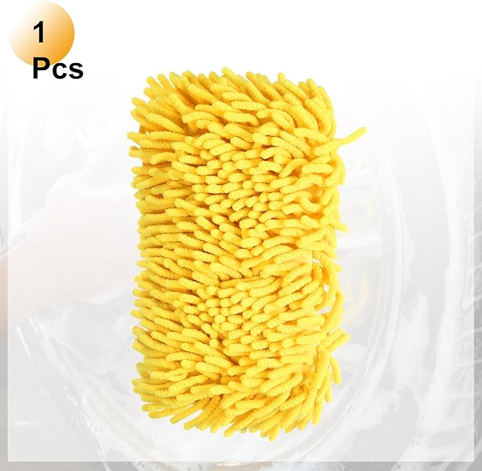 HARFINGTON Car Wash Sponge 9.1" x 4.7" Chenille Microfiber Mitt Scratch-Free Absorbent Scour Scrubber Cleaning Sponge for Washing Detailing on Cars, Trucks, SUV, Boats, RVs, Yellow