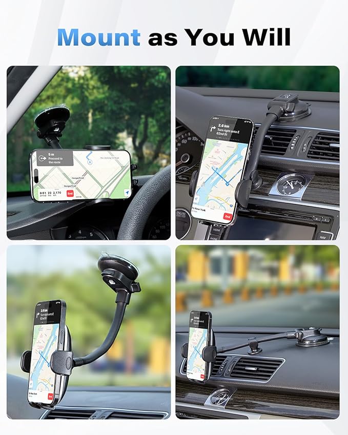 1Zero Solid Car Truck Phone Mount Holder with Thick Gooseneck Long Arm, Windshield Window Mobile Holders w/Industrial-Strength Suction Cup, Anti-Shake Stabilizer Compatible All Cell Phones, Black