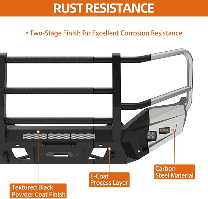 Hooke Road 16-18 Sierra Front Bumper Grille Brush Guard Push Bull Bar for 2016-2018 GMC Sierra 1500, Off-road Heavy Duty Steel Bumper with Winch Plate, D-ring Mounts & LED Lights