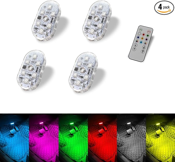4PCS Wireless Car Led Ambient Lights, 7 Colors RGB Car Interior Light with Remote & Touch Control, Magnetic Rechargeable Type-C Mini LED Light for Cars, Cabinet, Wardrobe