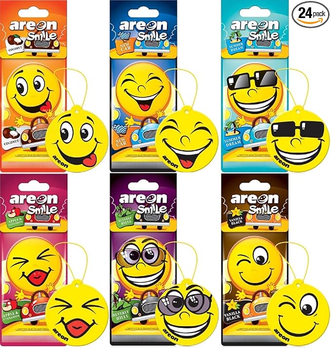 AREON Smile Air freshener Hanging Assorted Scents, Best Odor Eliminator, Odd Gifts, Paper Hanging Ornaments, Long Lasting Scent for Car or Home -24 Pack
