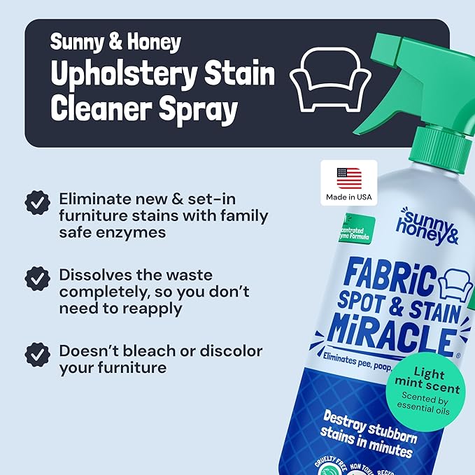 Sunny & Honey Fabric Cleaner Spray - Enzymatic Upholstery Cleaner for Furniture, Couches, Chairs and Sofas - 32 fl oz Stain Remover - No Scrubbing or Machines Needed (Mint Scent)