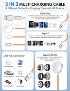 2Pack Multi Charging Cable Cord for Travel Essentials,Apple Watch Charger,iPhone Charger,[3-in-2] Type C/L Cable Portable Designed for iWatch,iPhone 17-8,Galaxy S25-21,AirPods,iPad-4FT Orange