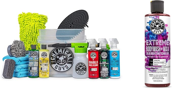 Chemical Guys CWS20716CW 14-Piece Arsenal Builder Car Wash Kit W/Foam Gun, Bucket and (5) 16 oz Car Care Cleaning Chemicals (Works w/Garden Hose) + Extreme Bodywash & Wax Foaming Car Wash Soap, 16 oz