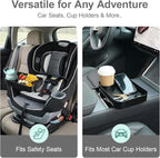 [2 Pack] Car Seat Snack Tray for Toddlers - 3 Inch Cup Holder Fits Most Sippy Cups & Straw Bottles with Dip Well, Mess-Free Square Kids Travel Tray Road Trip Essentials, Black, 2