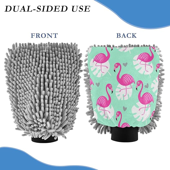 STAYTOP Beautiful Flamingo Car Wash Mitts 2Pcs,Chenille Microfiber Mitts Scratch Free Ultra Absorbent Wash Sponge Cloths for Cars,Home Cleaning-M