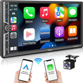 7" Double Din Car Stereo Compatible with Wireless Apple CarPlay & Android Auto, 240W 4.2-Channel Dual Subwoofer Ports, Touchscreen, Bluetooth 5.3, Mirrorlink, Backup Camera, FM/AM Car Radio