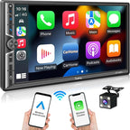 7" Double Din Car Stereo Compatible with Wireless Apple CarPlay & Android Auto, 240W 4.2-Channel Dual Subwoofer Ports, Touchscreen, Bluetooth 5.3, Mirrorlink, Backup Camera, FM/AM Car Radio