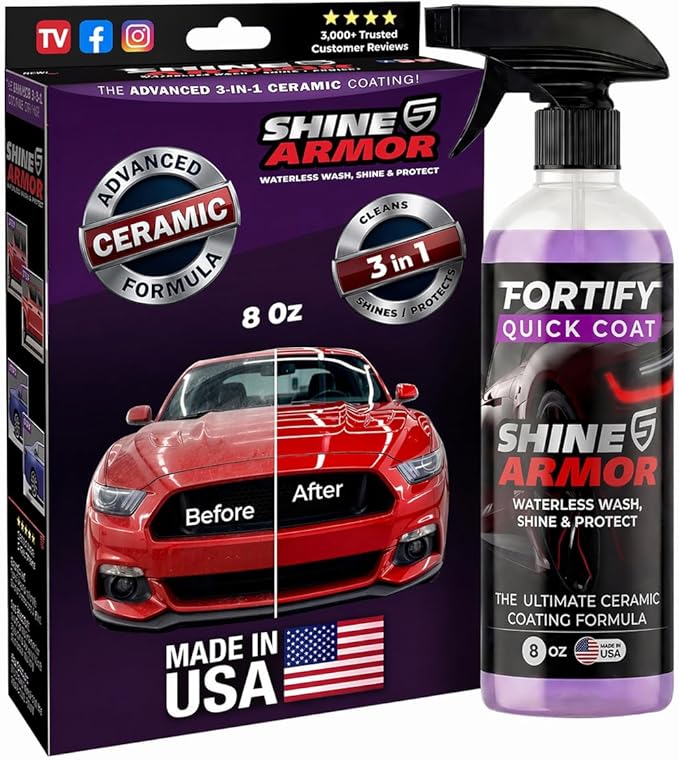 Car Wax Spray and Ceramic Coating for Cars - 3 in 1 Waterless Car Wash and Detailing - Quick Effect Coating Agent for Car - High Gloss Car Coating Spray, Shiny Car Stuff by Shine Armor - 8FlOz