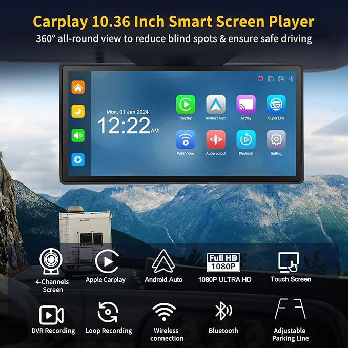 Semi Truck Camera System with Apple Carplay & Andriod Auto,Dash Cam for Semi Truck with 4-Channel 1080P RV Camera System,10.36" IPS Touchscreen, 360° All-Round Recording, 24H Parking Monitoring