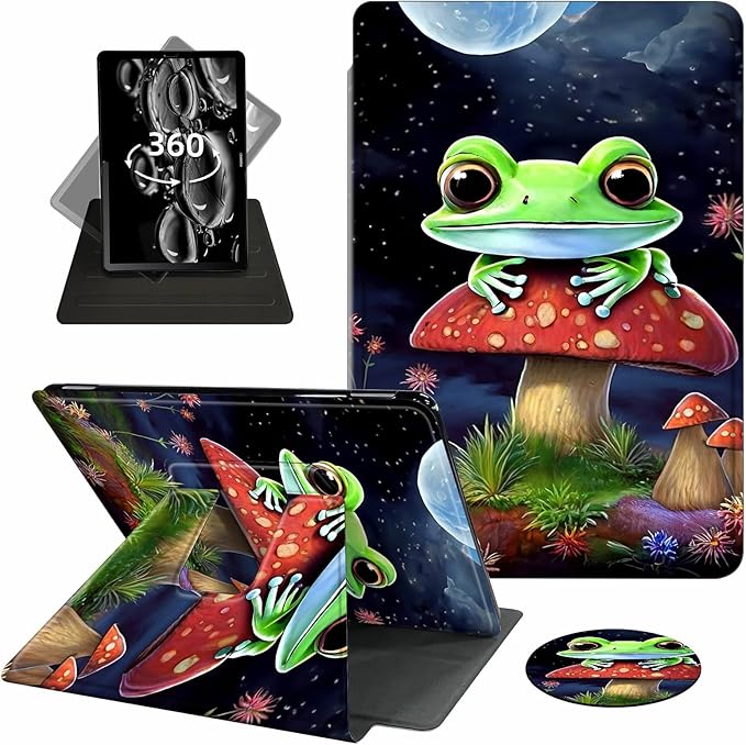 Case for Kindle Scribe,360 Degree Rotating Swivel PU Leather Stand Flip Folio Cover with Auto Wake/Sleep for Amazon Kindle Scribe Cover 10.2 Inch (2024/2022 Release),Cute Frog Mushroom