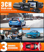 Moplasz Dash Cam Front Rear, 4K Full HD Dash Camera for Cars, Included 32GB Card, 3 Channel Dashcam Built-in Wi-Fi GPS, Night Vision, WDR, 24H Parking Mode (2160p Dash)