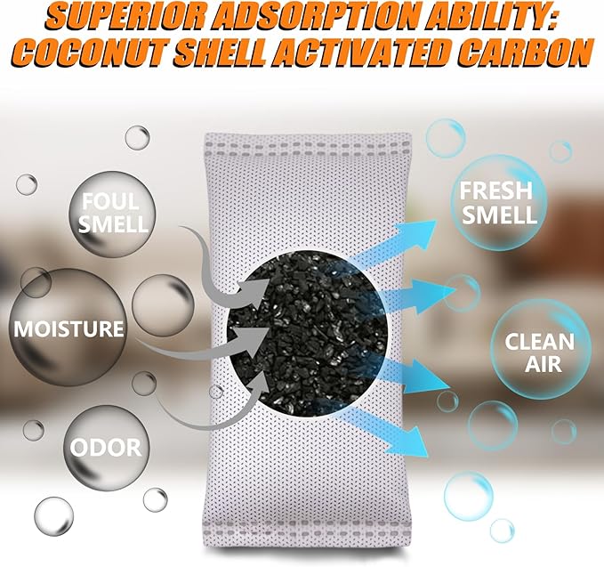 Coconut Shell Charcoal Air Purifying Bags 50g, Removes Odors and Moisture, Nature Fresh Air Purifier Bags, Odor Eliminator for Home, Car, Pets, Bathroom, Basement