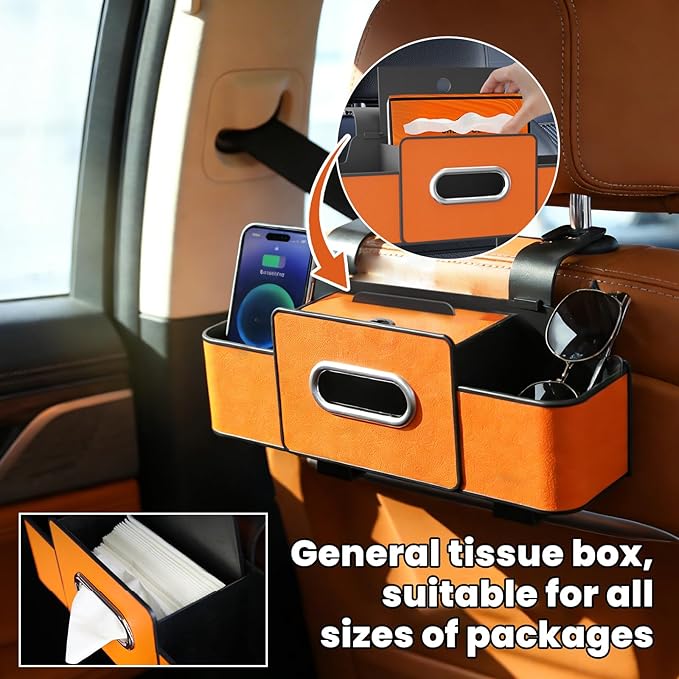 Multifunctional 3‑in‑1 Car Seat Back Storage Box Organizer with Cup Holders, Tissue Box Slot & Headrest Hooks – Backseat Car Organizer for Phones, Snacks, Drinks, Bags, Travel Storage (Orange)
