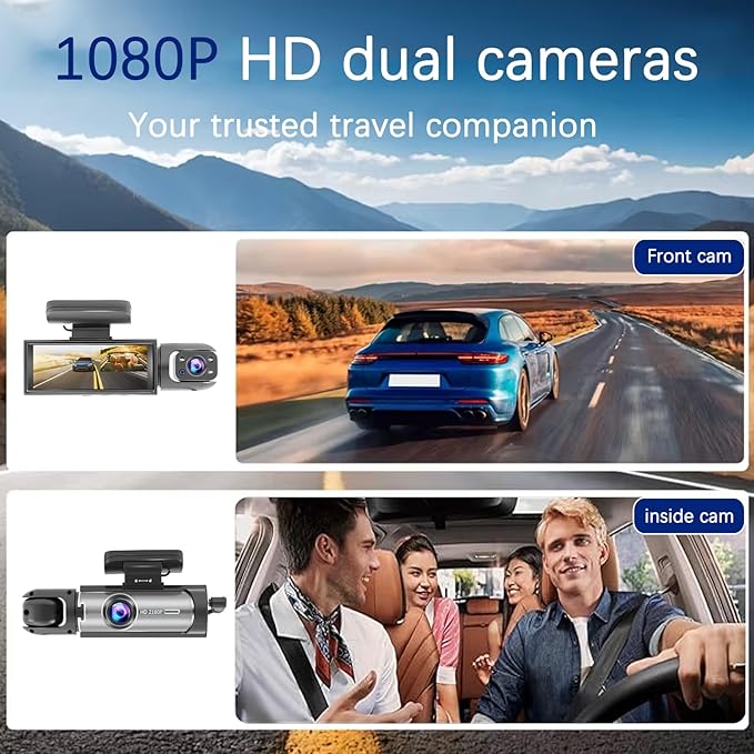 Dash Cam Front and Inside, 1296P Dual DashCams for Car, 3.16 Inch IPS Screen Driving Recorder with IR Night Vision, Loop Recording, Wide Angle Lens, 24H Parking Traffic Recorder with 32GB TF Card