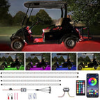 4 Pcs Golf Cart Underglow Lights, RGB Led Strip Lights for EZGO Yamaha Club Car, RF/APP Control, Sound Active, Music Sync with Voltage Reducer, Water Resistant Flexible Tubes
